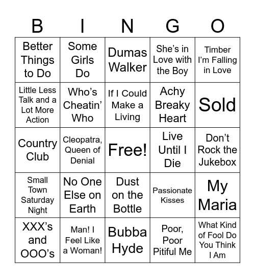 90s Country Bingo Card