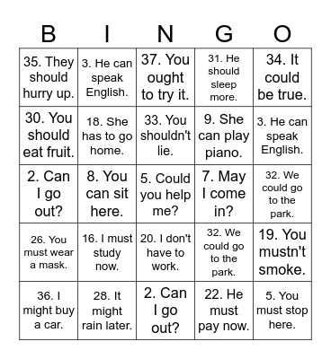 Modal Verbs. Bingo Card