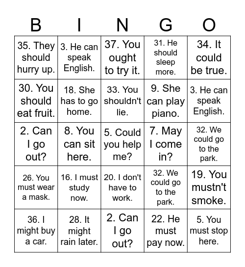 Modal Verbs. Bingo Card