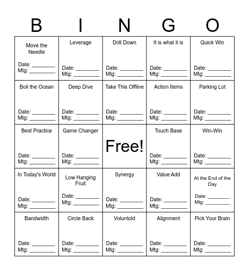Business Cliche Bingo Card
