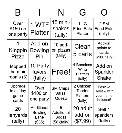 Upsell Contest Bingo! Bingo Card