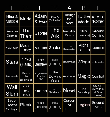 Good Omens Block Party Bingo Card