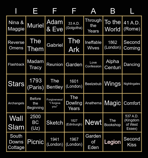 Good Omens Block Party Bingo Card