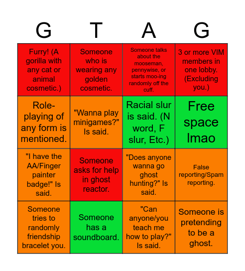 Gorilla Tag Bingo Card