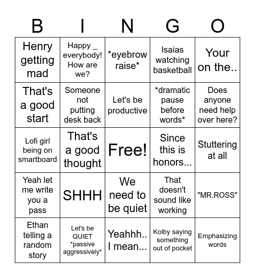 Mr. Ross's Class BINGO Card