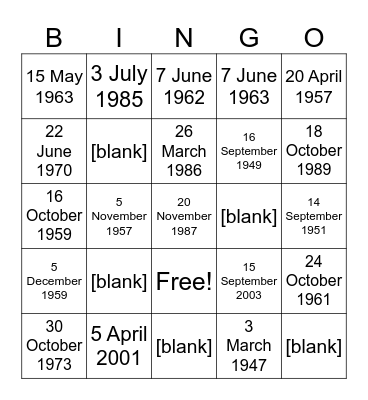 Birthdays Bingo Card
