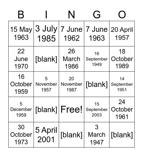 Birthdays Bingo Card