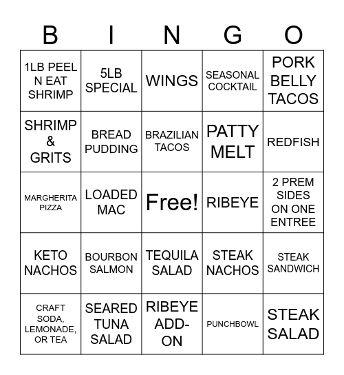 Menu Bingo Card