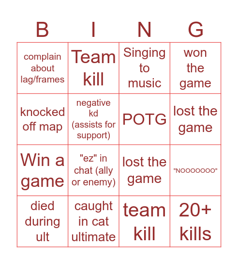 Overwatch drink Bingo Card