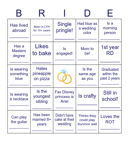 Bridal Bingo Card