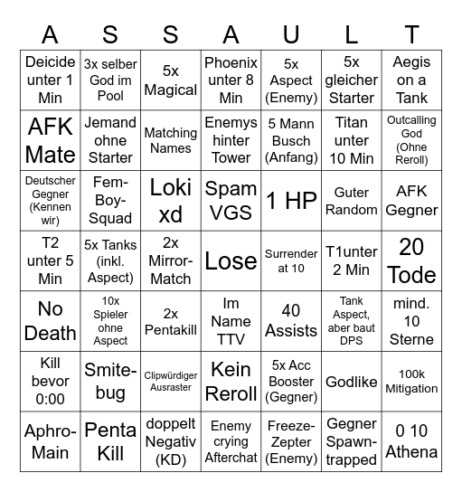 Smite 2 Assault Bingo Card