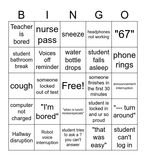 State Testing Bingo Card