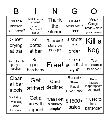 Bar Bingo Card