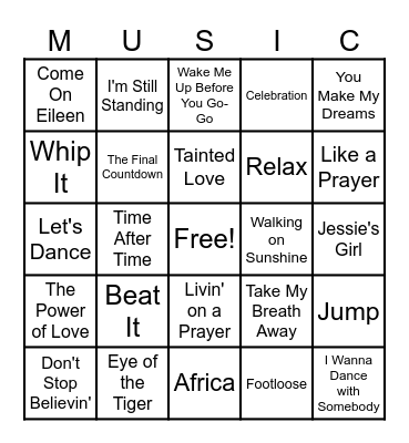 Music Bingo Round #2 - 80s Bingo Card