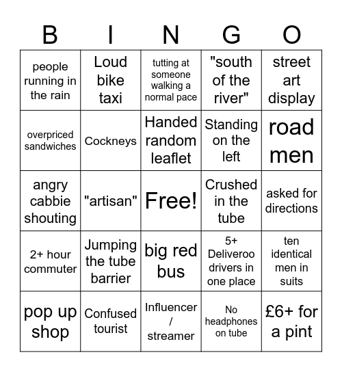 London Stereotype Bingo Card