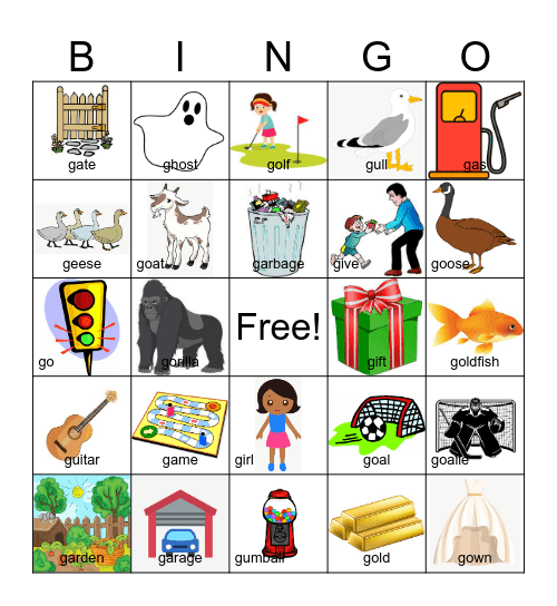 Initial G Bingo Card