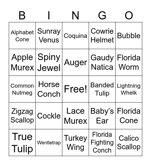 Seashell Bingo Card