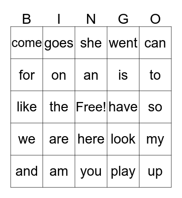 Sight Words Bingo Card