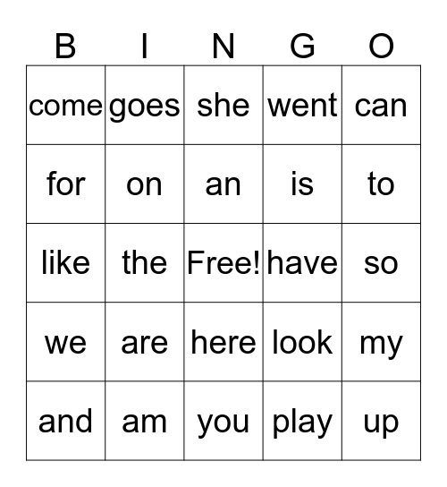 Sight Words Bingo Card