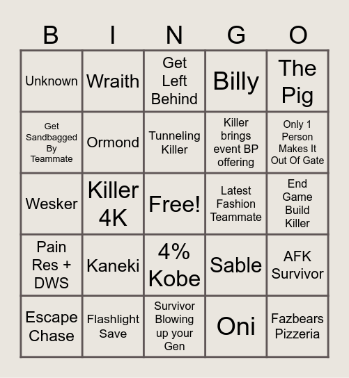 Dead By Daylight Solo Queue Survivor Bingo Card