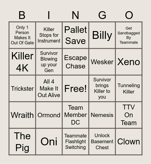 Dead By Daylight Bingo Card