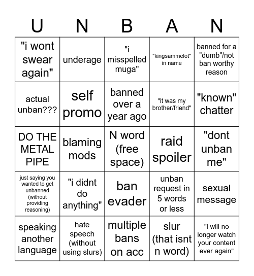 unban req bingo Card
