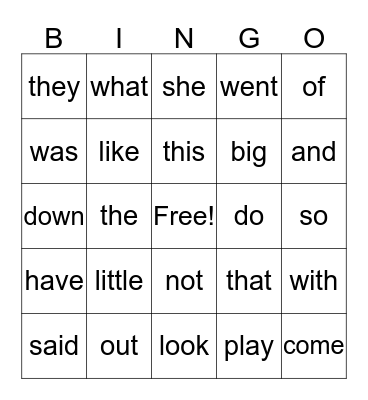 Sight Words Bingo Card