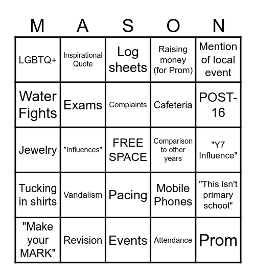 School Assembly Bingo (specific school lol) Bingo Card