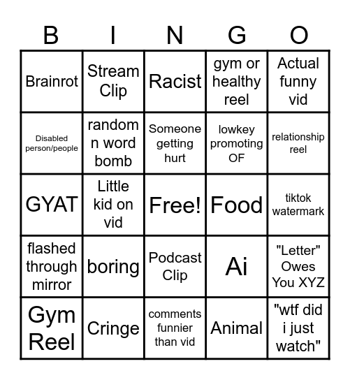 INSTAGRAM REEL Bingo Card