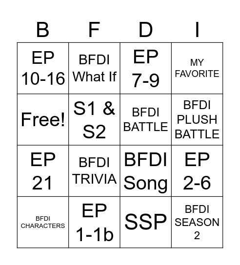 BFDI Bingo Card