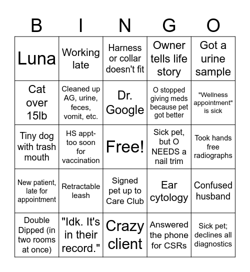 Veterinary Bingo Card