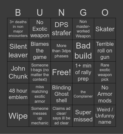 Destiny 2 LFG Bingo (Dungeon Edition) Bingo Card