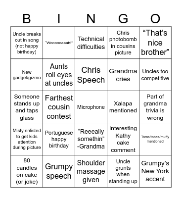 Grandma’s 80th Birthday Bash Bingo Card