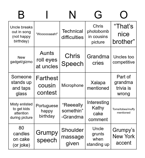 Grandma’s 80th Birthday Bash Bingo Card
