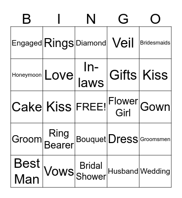 Jessica's Bridal Shower Bingo Card