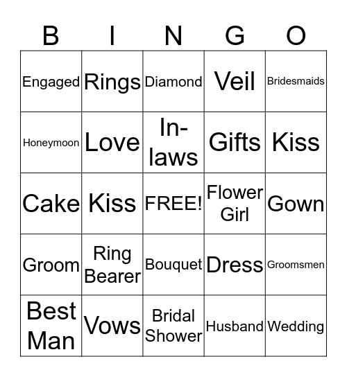 Jessica's Bridal Shower Bingo Card