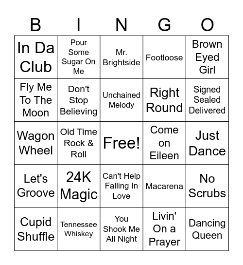 Wedding Songs Bingo Card