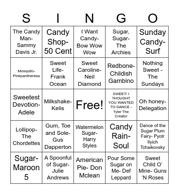 Singo- Candy/Sweets Edition Bingo Card