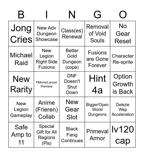 DNF ON 2026 Bingo Card