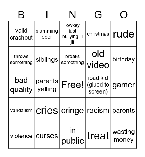 Spoiled kids bingo Card