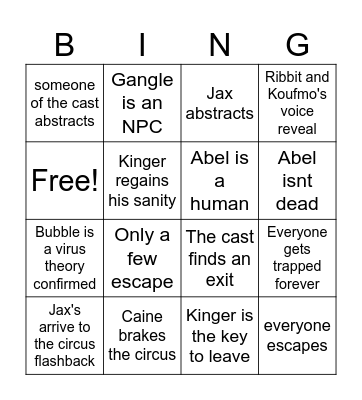 Digital circus Bingo Card