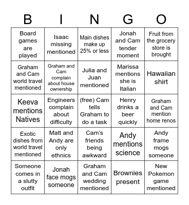Graham and Cam Potluck Bingo Card