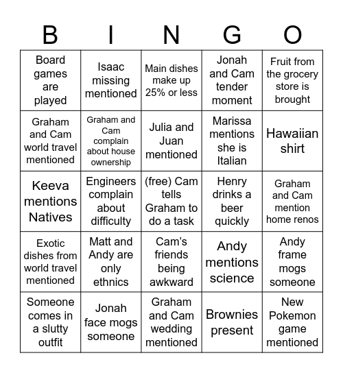 Graham and Cam Potluck Bingo Card