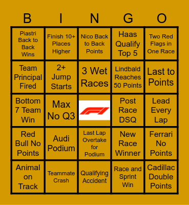 Finn F1 Bingo Card