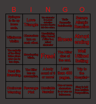 YA Thriller Bingo Card