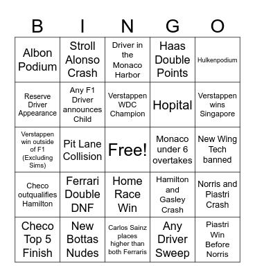 F1 Bingo Card