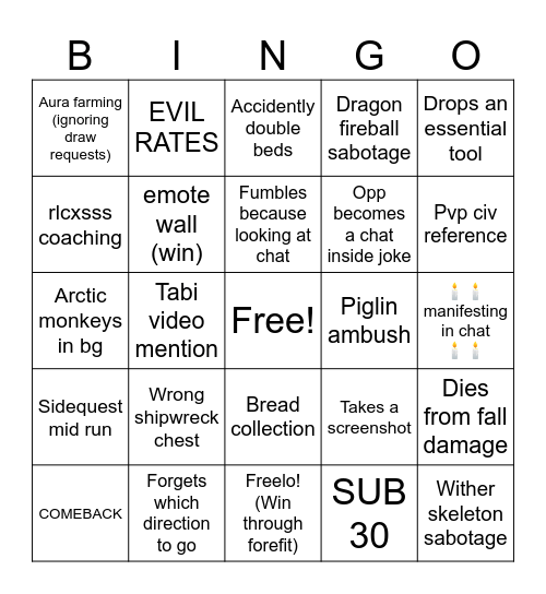 TABI MCSR STREAM Bingo Card