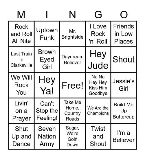 Barroom Sing-Along Anthems Bingo Card