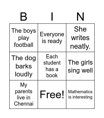 SUBJECT VERB Bingo Card