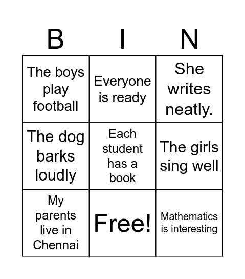 SUBJECT VERB Bingo Card